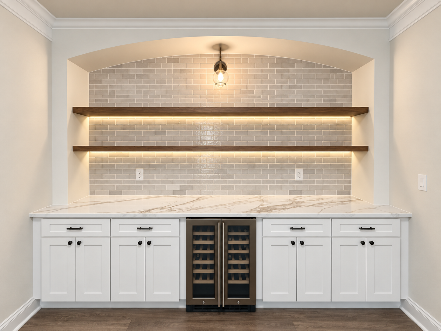 modern kitchen bar with wine cooler built by Gold C Builders in Denver NC