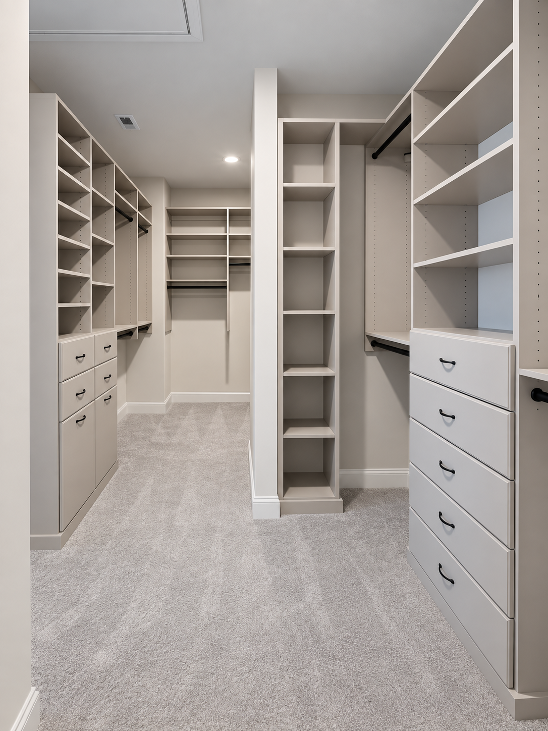 walk-in closet with custom white shelving built by Gold C Builders near Lake Norman NC
