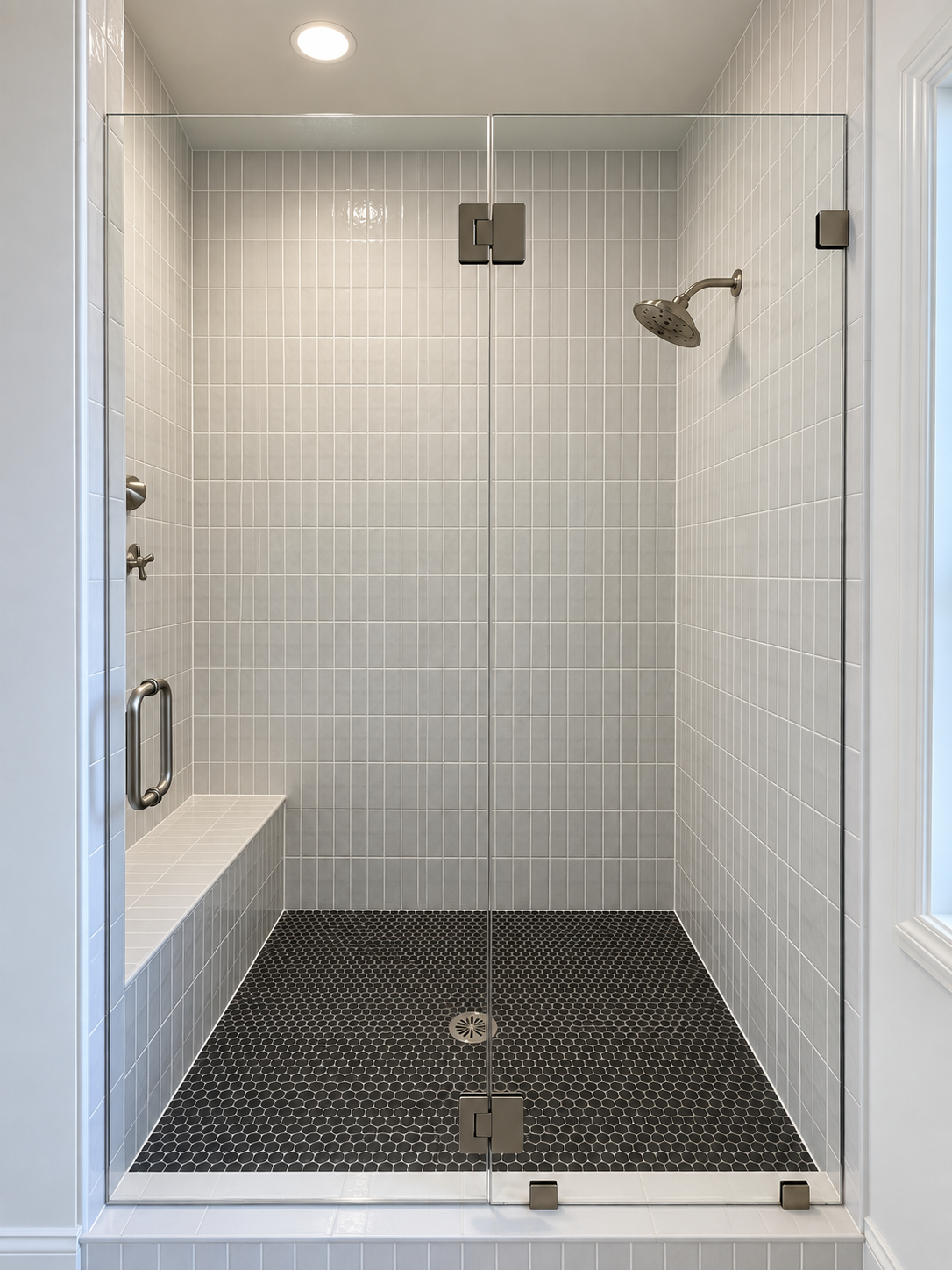 bathroom shower enclosure with glass doors built by Gold C Builders near Mooresville NC