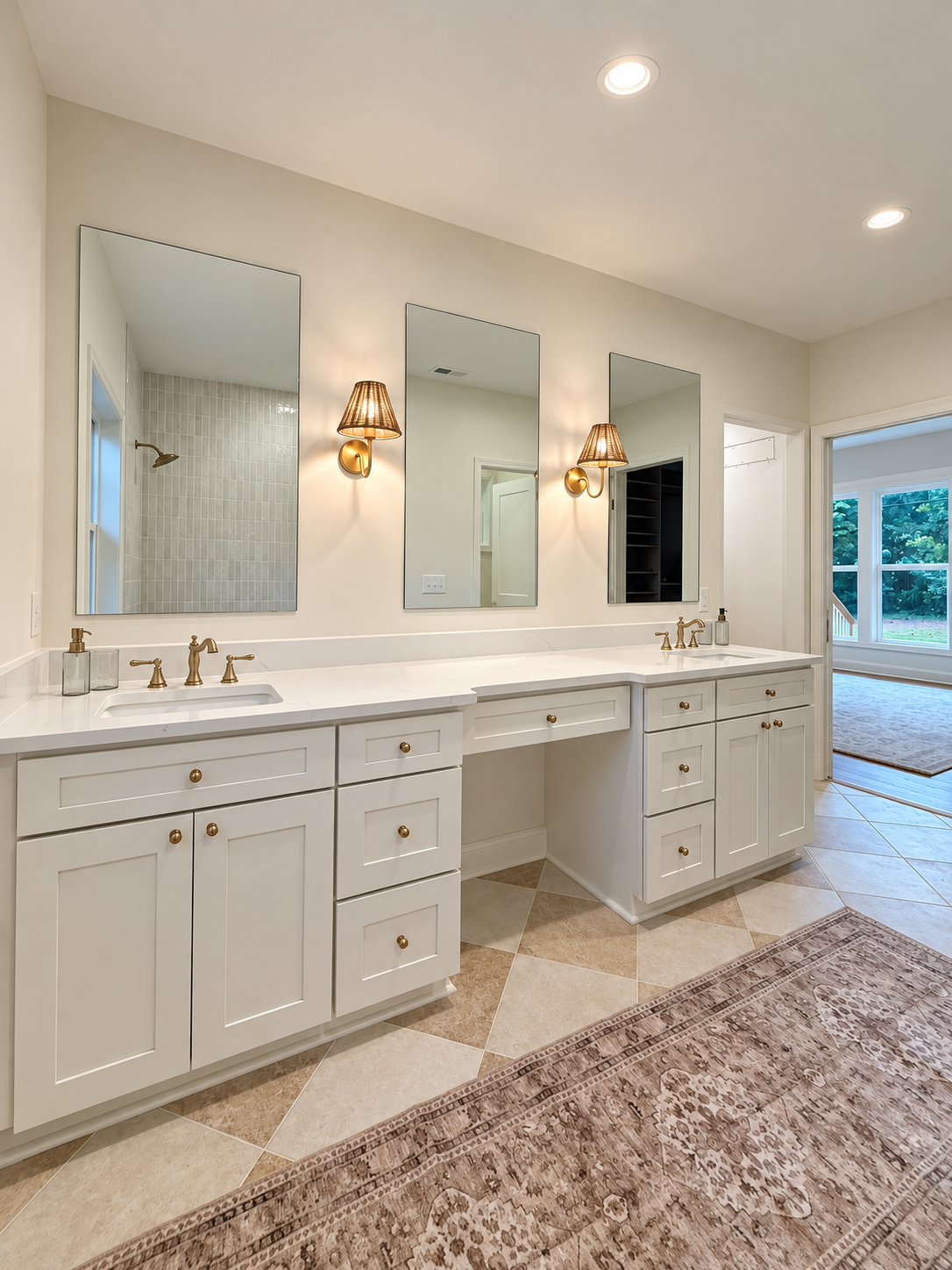 modern bathroom with dual vanity mirrors remodeled by Gold C Builders in Lake Norman NC