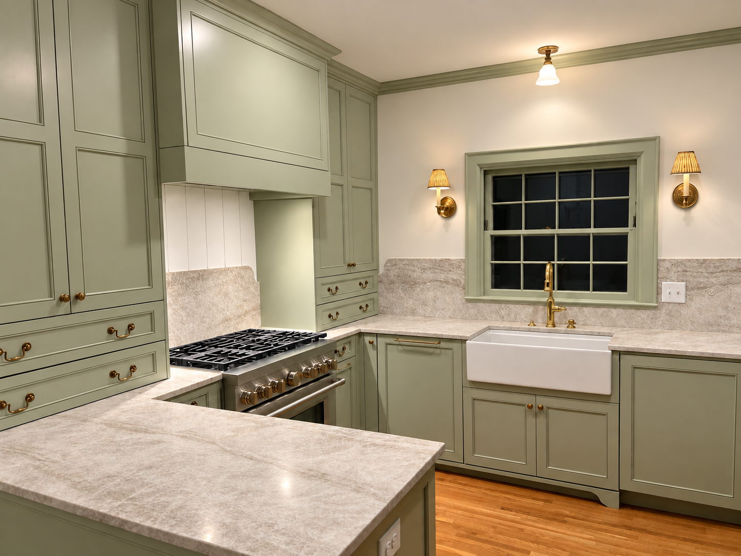 sage green kitchen with marble countertops remodeled by Gold C Builders near Mooresville NC